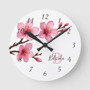 Blommande körsbärsblommor Rosa Vitt Monogram Namn Rund Klocka