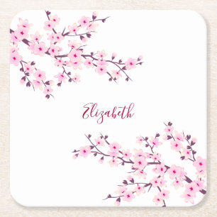 Blommande körsbärsblommor Rosa Vitt Monogram Underlägg Papper Kvadrat