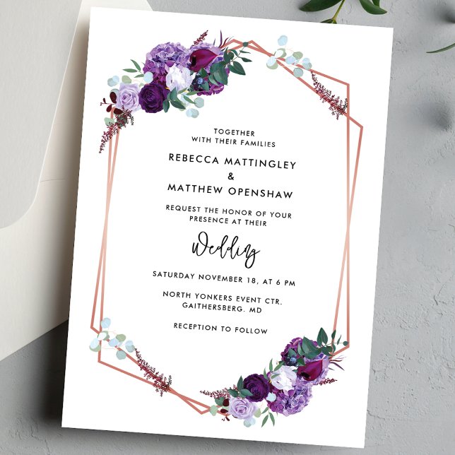 Blommande lila botanisk script bröllop inbjudningar (Purple Floral Geometric Script Wedding Invitation)