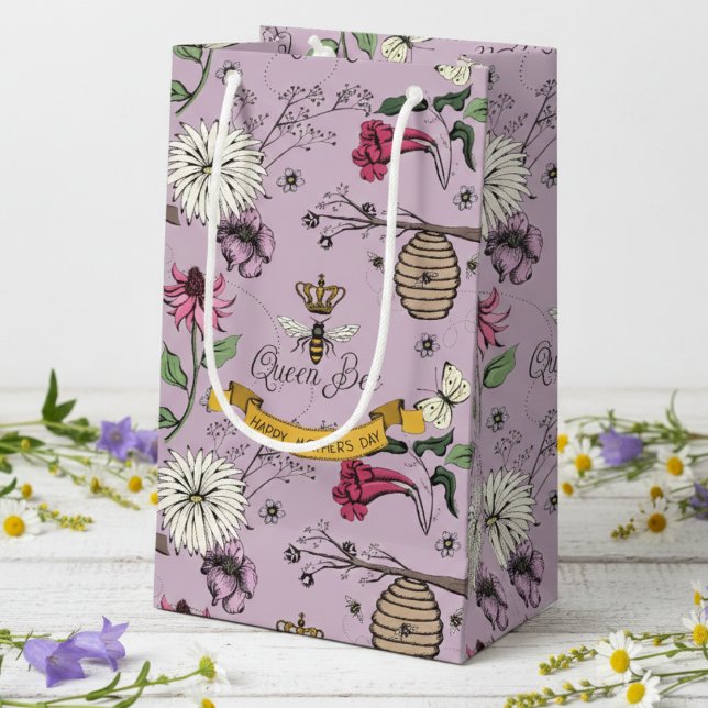 Blommande Lila Drottningbi, Bikupa & Blommor (Purple Floral Queen Bee Gold Crown Happy Mother's Day Gift Bags for Her. Insect and Flowers Pattern)
