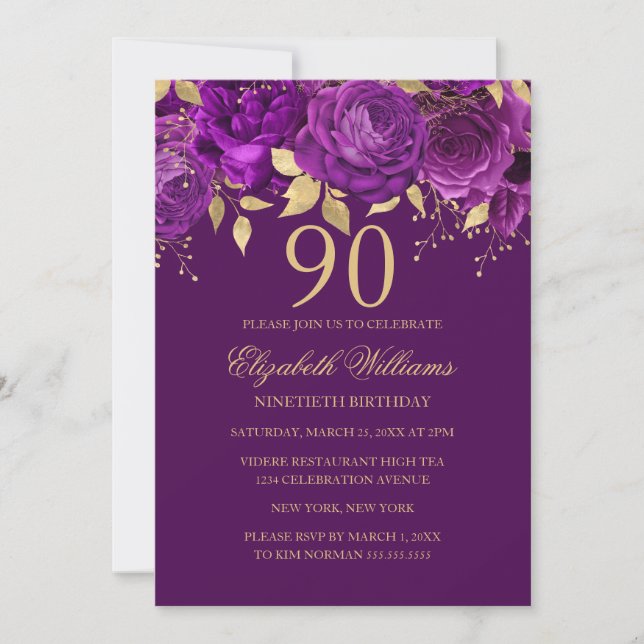 Blommande lila guldros 90-årsdag inbjudningar (Framsida)