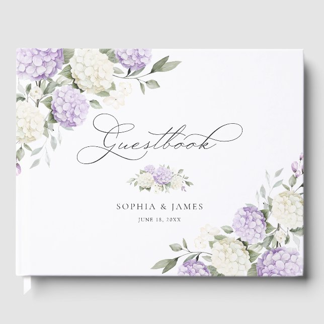 Blommande lila hydrangea grönska bröllop gästböcker (Framsida)