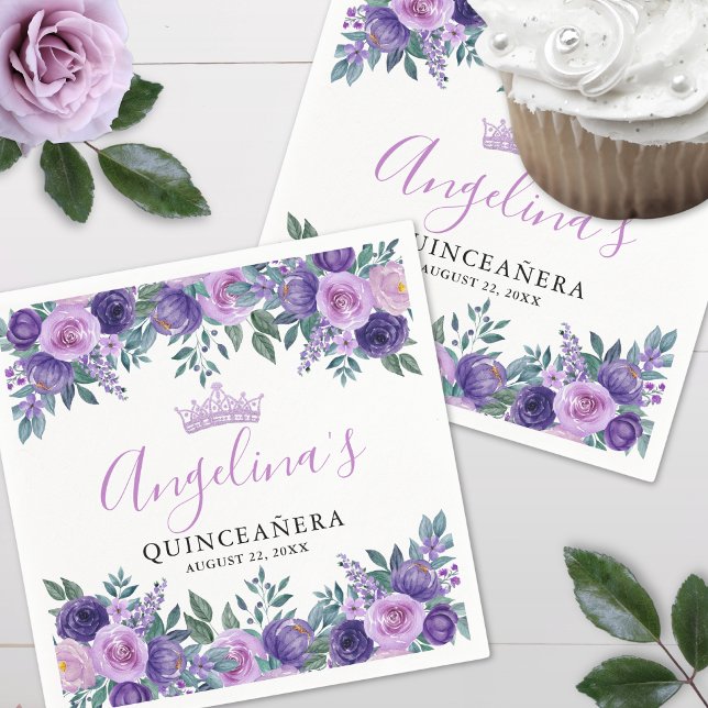 Blommande Lila Quinceanera Pappersservett (Floral Purple Quinceanera Napkins)