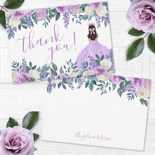 Blommande Lila Quinceañera Tack Kort (Floral Purple Quinceañera Thank You Card)
