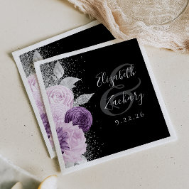 Blommande lila silver glitter skrift svart bröllop pappersservett