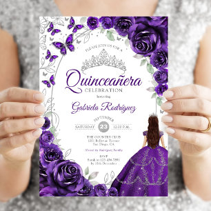 Blommande lila silver Quinceanera Inbjudningar