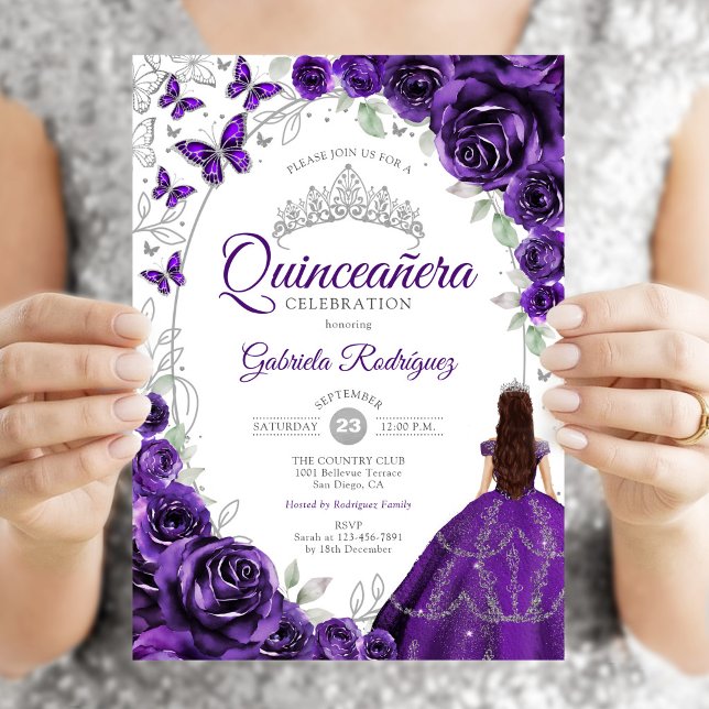 Blommande lila silver Quinceanera Inbjudningar (Skapare uppladdad)
