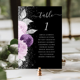 Blommande lila silverglitter svart bröllop bordsnummer