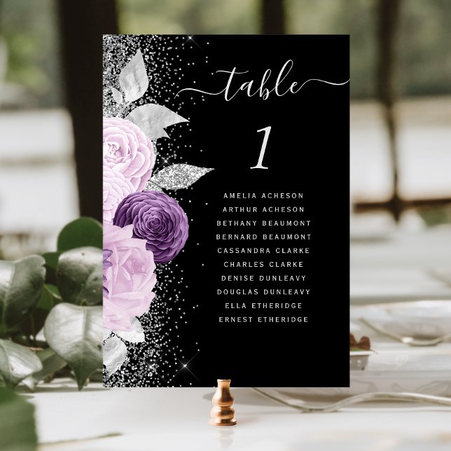 Blommande lila silverglitter svart bröllop bordsnummer (Skapare uppladdad)