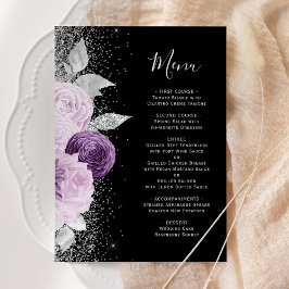 Blommande lila silverglitter svart bröllop meny