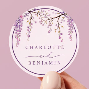 Blommande lila Wisteria-grenar Bröllop Runt Klistermärke