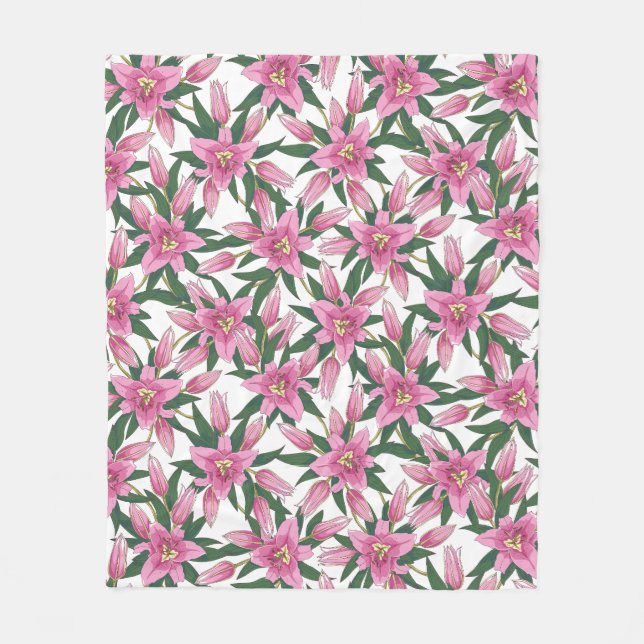 Blommande liljor i pastellrosa på vit bakgrund fleecefilt (Framsidan)