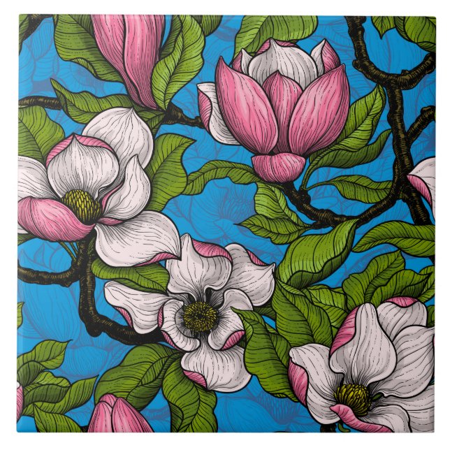 Blommande magnolia på blå kakelplatta (Framsidan)