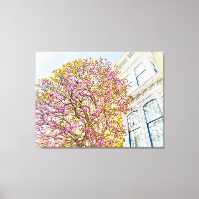 Blommande Magnoliaträd vid viktorianskt hus Canvastryck (Framsida)