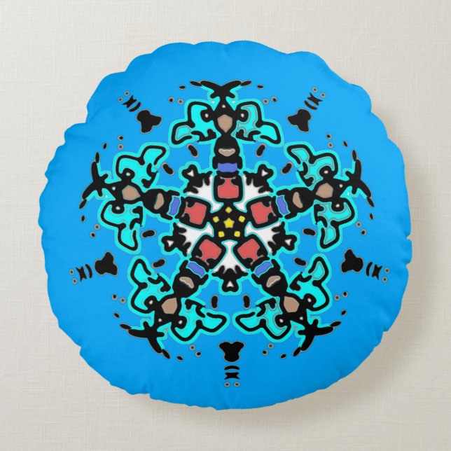 Blommande Mandala Sömlös Turkos Rund Kudde (Framsidan)