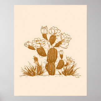 Blommande ökenkaktus botanisk linjekonsttryck poster
