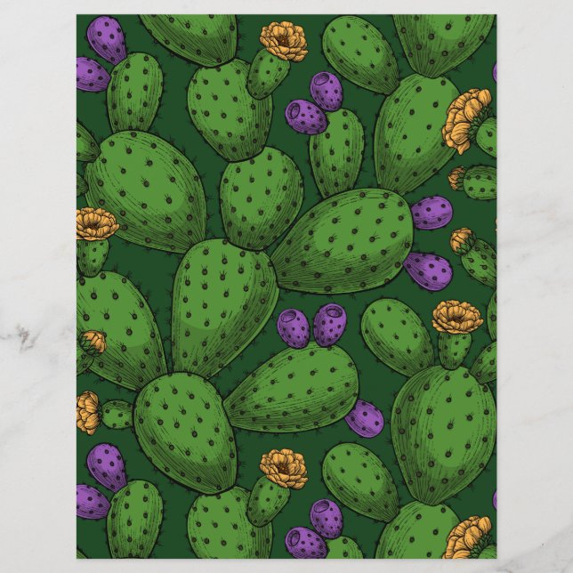 Blommande opuntia på mörkgrön (Framsida)