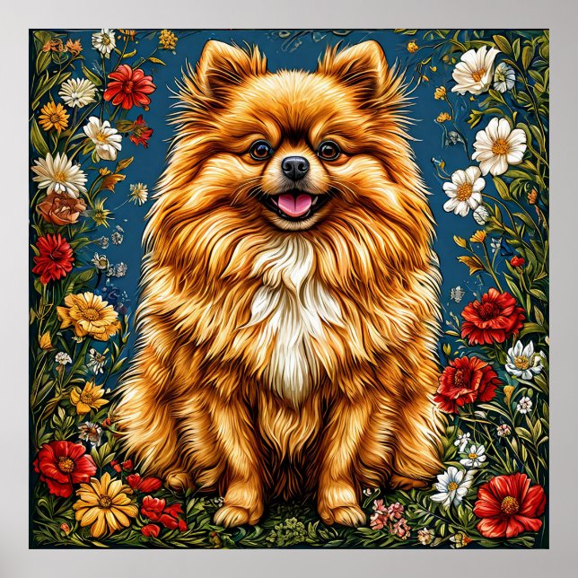 🐶 Blommande Pomeranian Hund Dekoration För Söt Hu Poster (Framsidan)