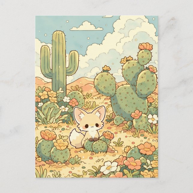 Blommande Prickly Pear Kawaii Ökenräv Vykort (Framsida)