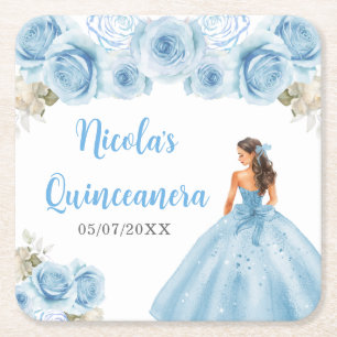 Blommande prinsessa i blå klänning Quinceanera Underlägg Papper Kvadrat