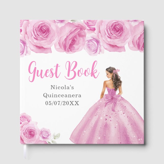 Blommande prinsessa i ljusrosa klänning Quinceaner Gästböcker (Framsida)