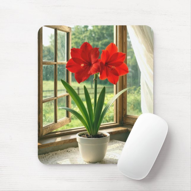 Blommande röd amaryllis  musmatta (Med mus)