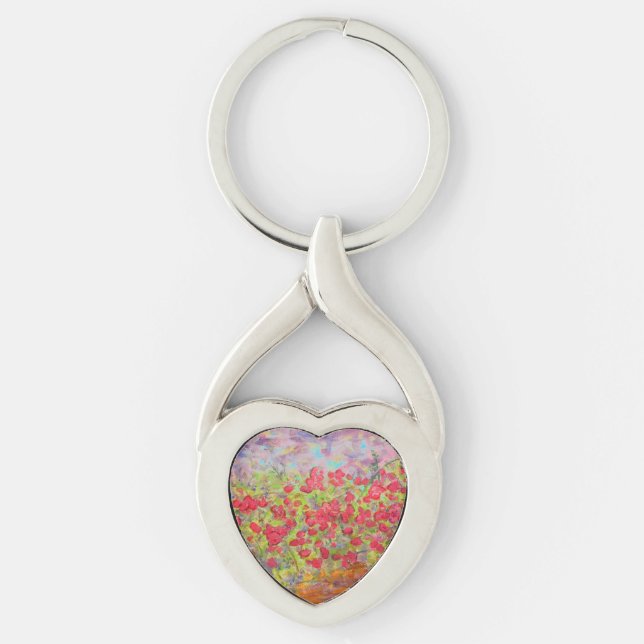 blommande röd ros twisted heart silverfärgad nyckelring (Framsidan)