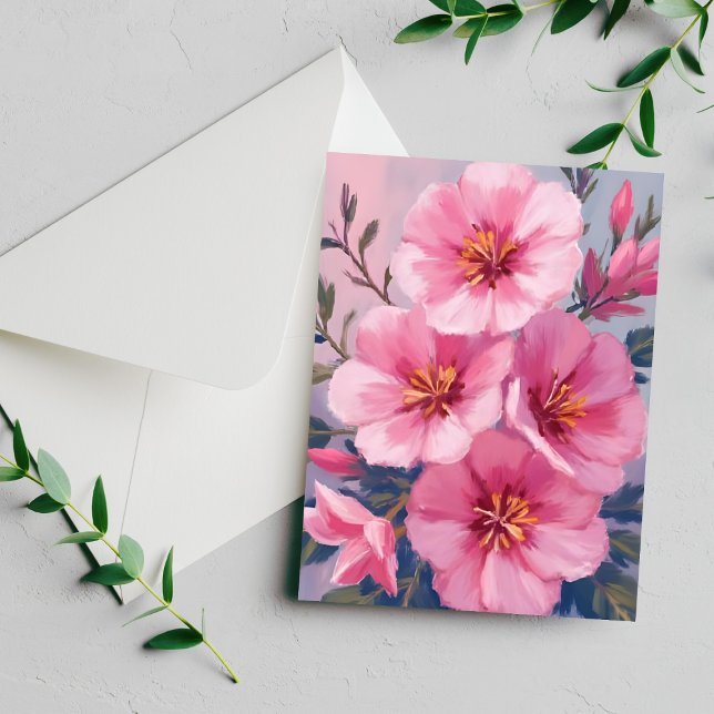 Blommande Rosa Akvarell Blomma Röda Målad Kort (Skapare uppladdad)
