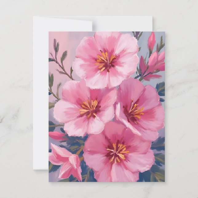 Blommande rosa akvarellblommor röda målade tack kort (Framsida)