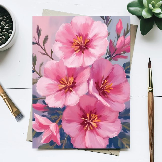 Blommande rosa akvarellblommor röda målade vykort (Skapare uppladdad)