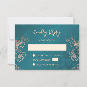 Blommande Rosa Guld Teal Bröllop RSVP OSA Kort