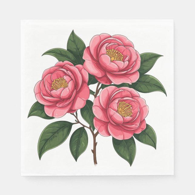 Blommande rosa kameliablommor med gröna blad pappersservett (Framsidan)