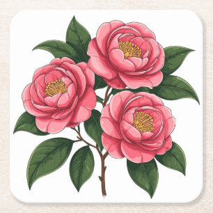 Blommande rosa kameliablommor med gröna blad underlägg papper kvadrat