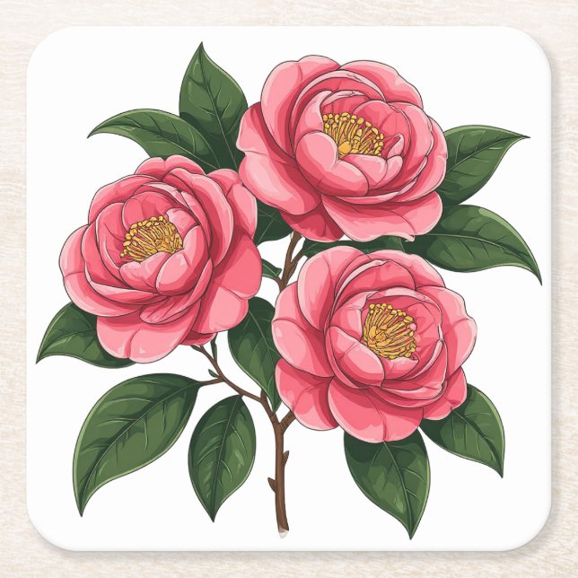 Blommande rosa kameliablommor med gröna blad underlägg papper kvadrat (Framsidan)