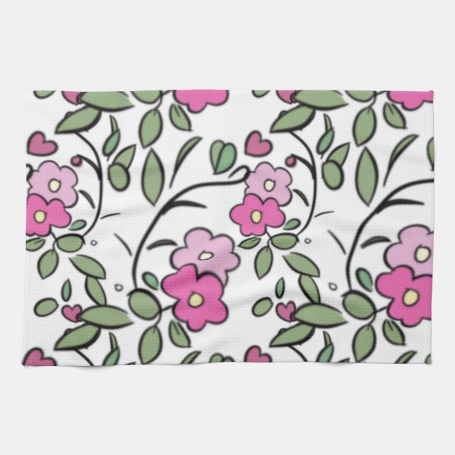 Blommande Rosa Kökshandduk (Horisontell)