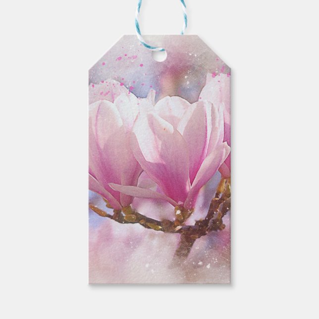 Blommande rosa purpur magnolia - vårblomma presentetikett (Framsidan)