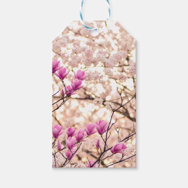 Blommande rosa purpurfärgade magnolior vårblomma presentetikett (Framsidan)