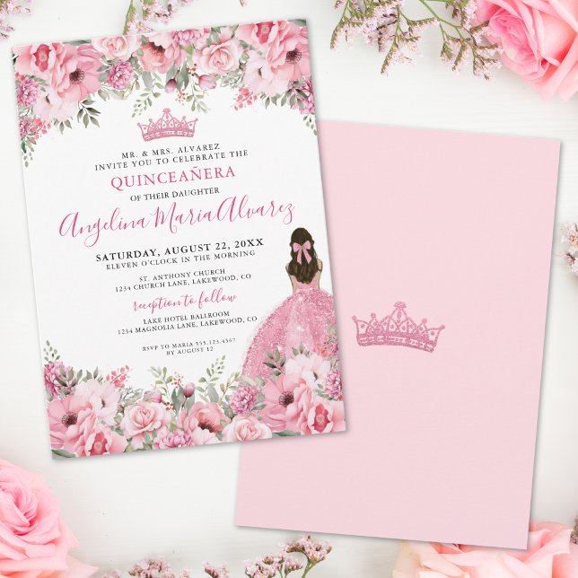 Blommande Rosa Quinceanera Inbjudningar (Floral Rose Pink Quinceanera Invitation)