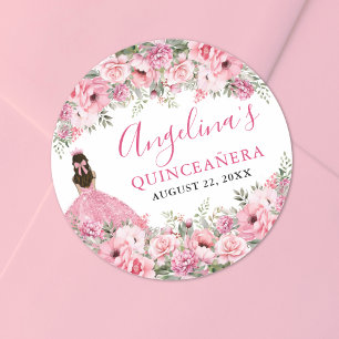 Blommande Rosa Quinceanera Runt Klistermärke
