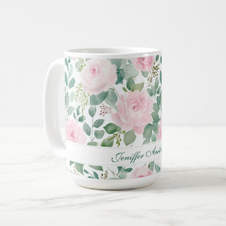 Blommande rosa ros med anpassat namn kaffemugg