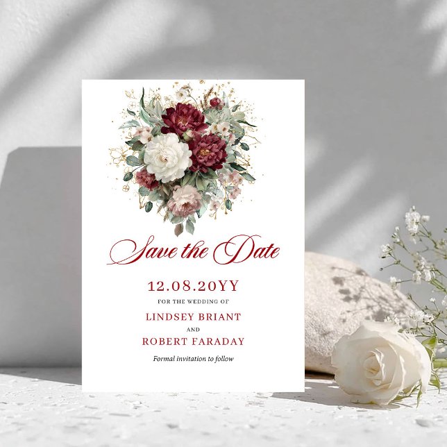 Blommande rosabränd burgunder guld Spara datum-kor Datumet (Floral Blush Burgundy Gold Save The Date Card)