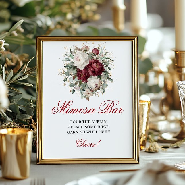 Blommande rosaburgunder Mimosa Bar Grönska Guld Si Poster (Floral Blush Burgundy Mimosa Bar Greenery Gold Sign)