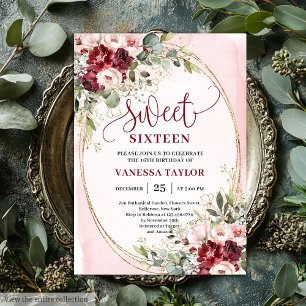 Blommande rosaburgunderrosor Sweet Sixteen-fest Inbjudningar