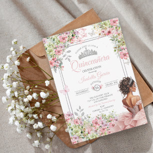 Blommande rosafärgad och grön fjäril Quinceañera Inbjudningar
