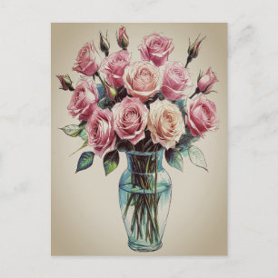 Blommande rosor blommor bukett vas teckning konst helg vykort