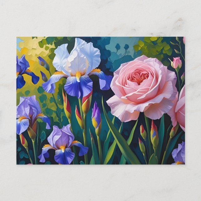 Blommande rosor och lila irisblommor  helg vykort (Framsida)