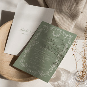 Blommande Sagegrön Trädgårdsmonogram Boho Bröllop Inbjudningar