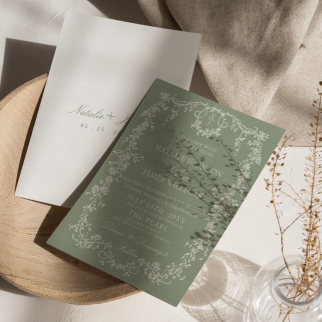 Blommande Sagegrön Trädgårdsmonogram Boho Bröllop Inbjudningar (Skapare uppladdad)