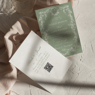 Blommande Sagegrön Trädgårdsmonogram QR-kod Bröllo Inbjudningar