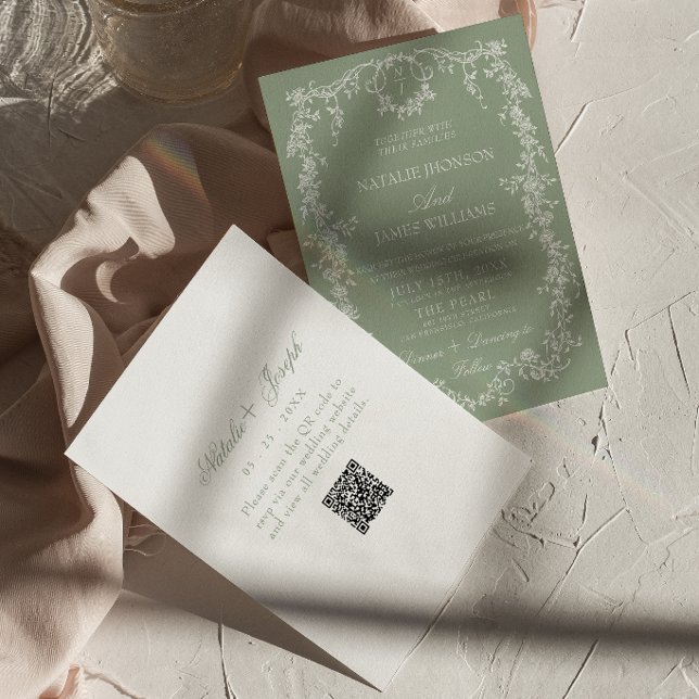 Blommande Sagegrön Trädgårdsmonogram QR-kod Bröllo Inbjudningar (Skapare uppladdad)